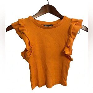 Zara Woman small orange ruffle short sleeves ribbed crop top